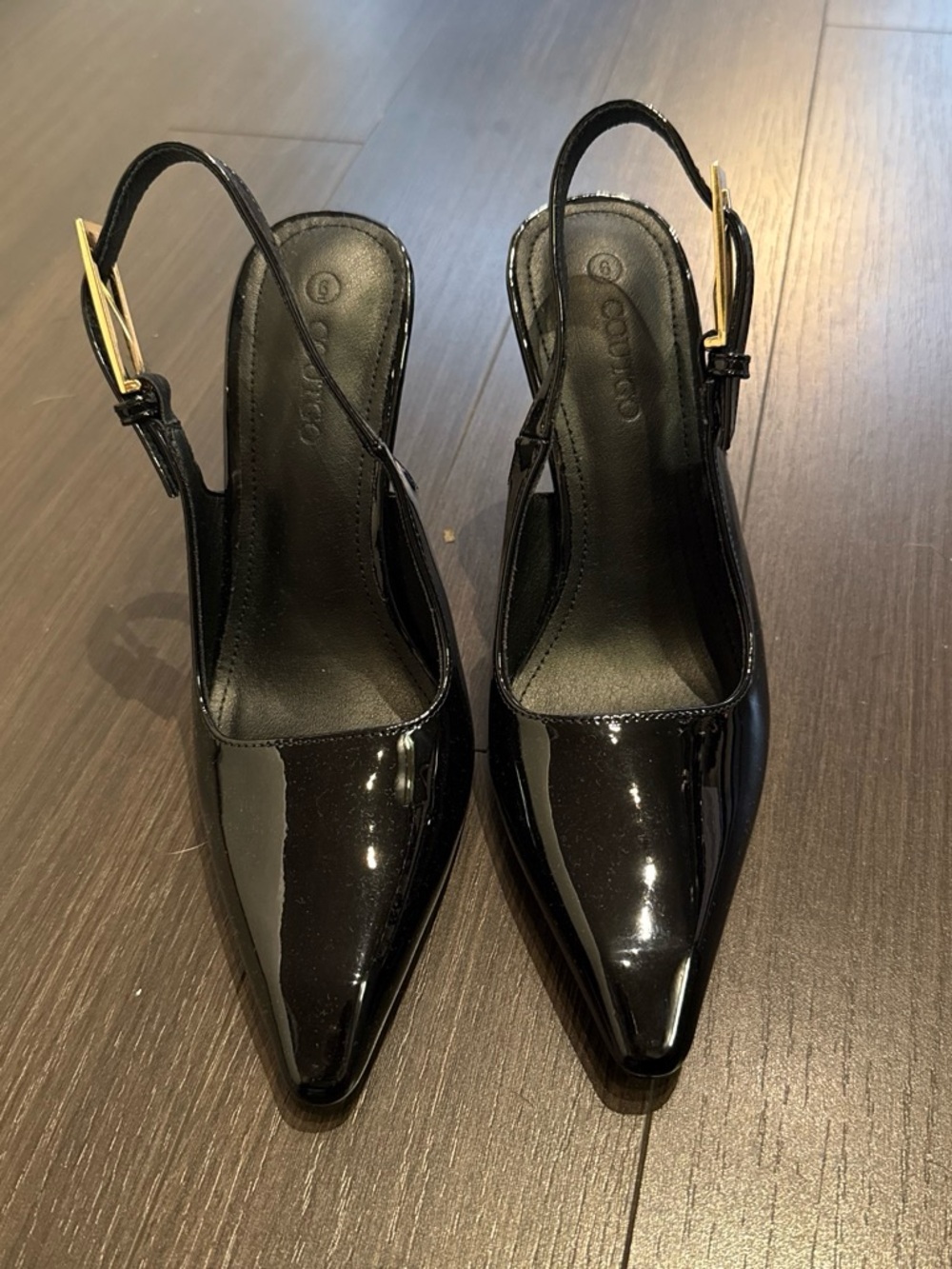 Amazon Black Patent Slingback Pointed-Toe Pumps with Gold Buckle
